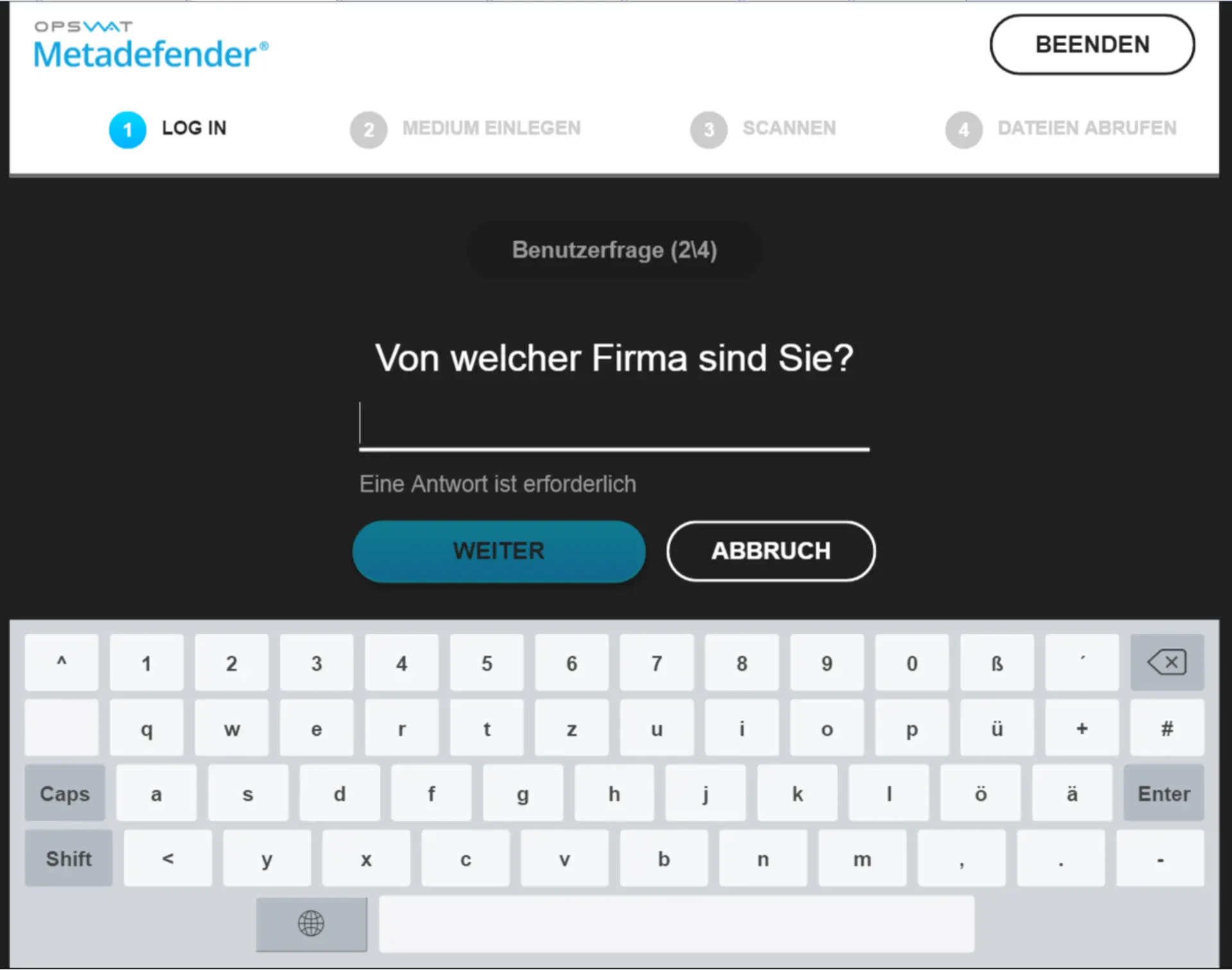 Datenschleuse Anmeldung Schritt 2 bei Metadefender Kiosk