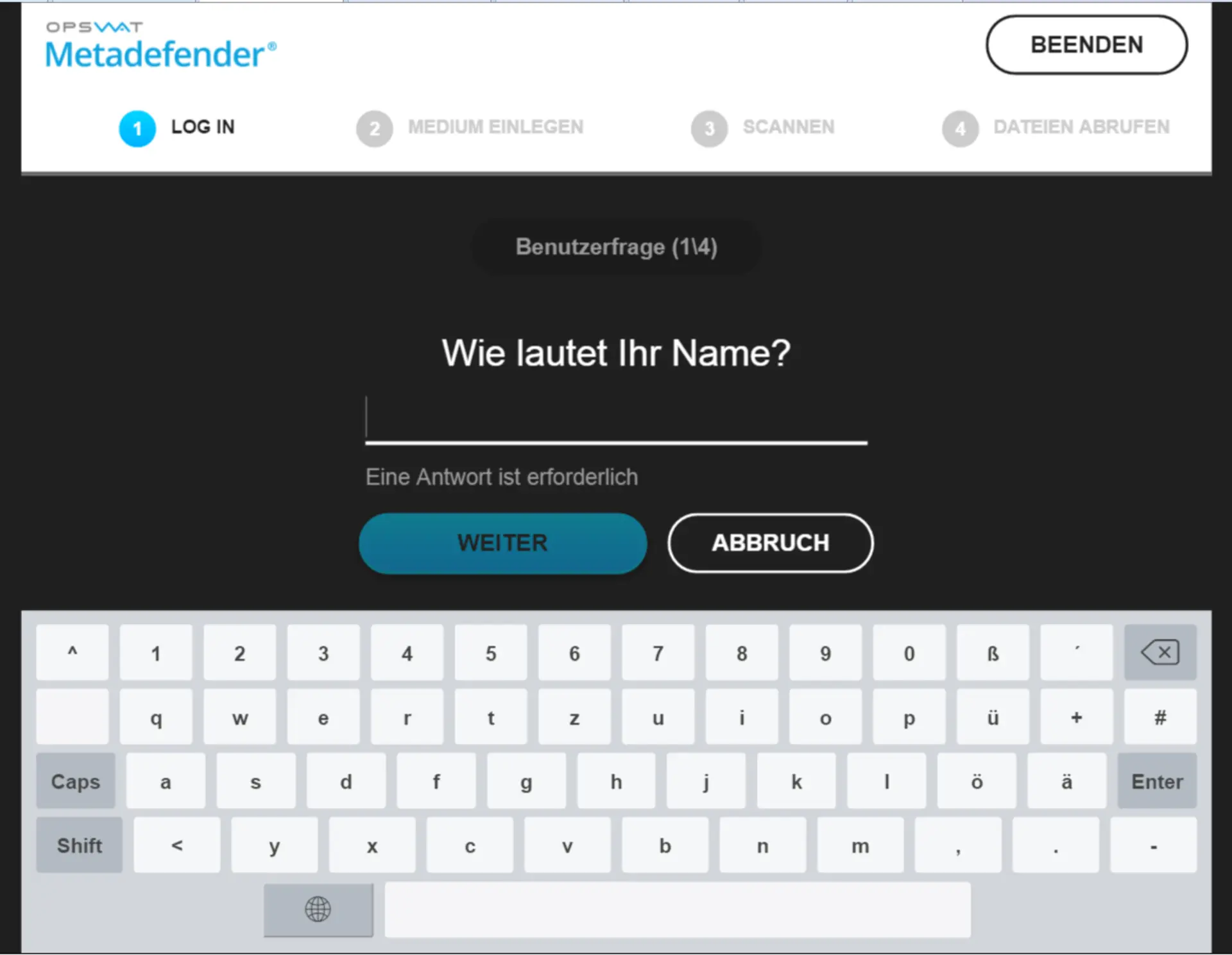 Datenschleuse Anmeldebildschirm Metadefender Kiosk